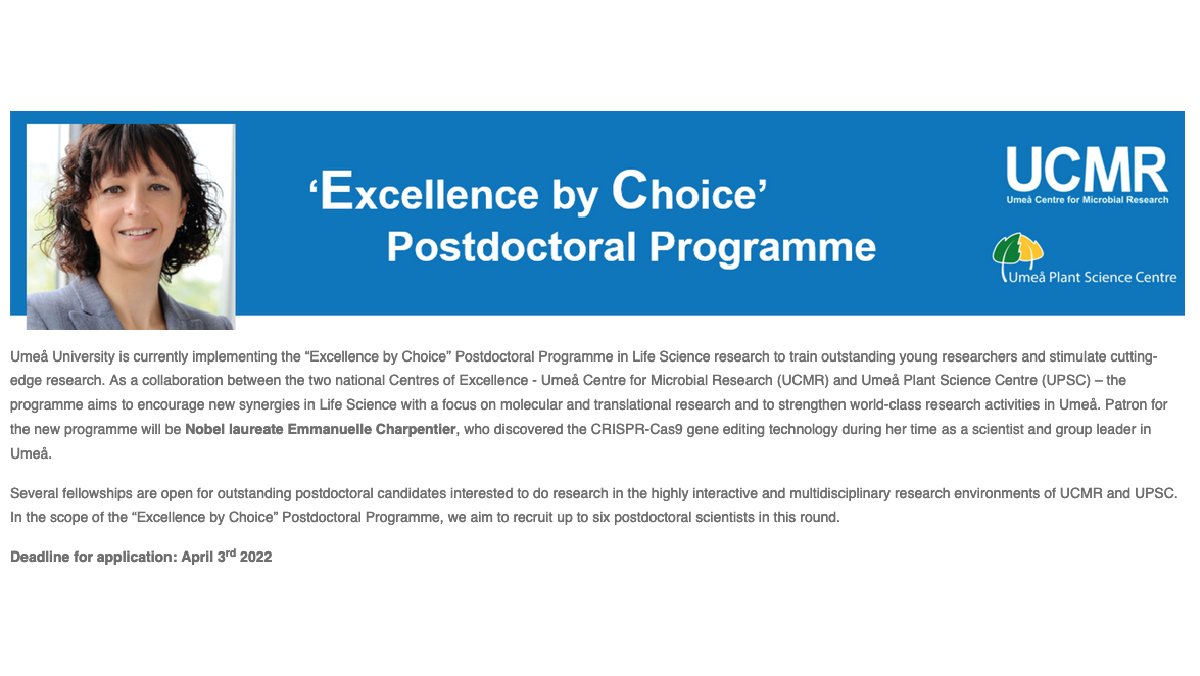 Umeå Plant Science Centre (UPSC) (@umeaplantsci) on Twitter photo Interested in a #postdoc programme in life science with Nobel laureate Emmanuelle Charpentier as patron? Apply to the new Excellence by Choice programme in Umeå, Sweden <a href="/UmeaPlantSci/">Umeå Plant Science Centre (UPSC)</a> and <a href="/Ucmr_sweden/">Umeå Centre for Microbial Research</a>
Apply by 3 April 2022
@UmeaUniversity <a href="/_SLU/">SLU</a>
ucmr.umu.se/ec-programme/1… Interested in a #postdoc programme in life science with Nobel laureate Emmanuelle Charpentier as patron? Apply to the new Excellence by Choice programme in Umeå, Sweden <a href="/UmeaPlantSci/">Umeå Plant Science Centre (UPSC)</a> and <a href="/Ucmr_sweden/">Umeå Centre for Microbial Research</a>
Apply by 3 April 2022
@UmeaUniversity <a href="/_SLU/">SLU</a>
ucmr.umu.se/ec-programme/1…