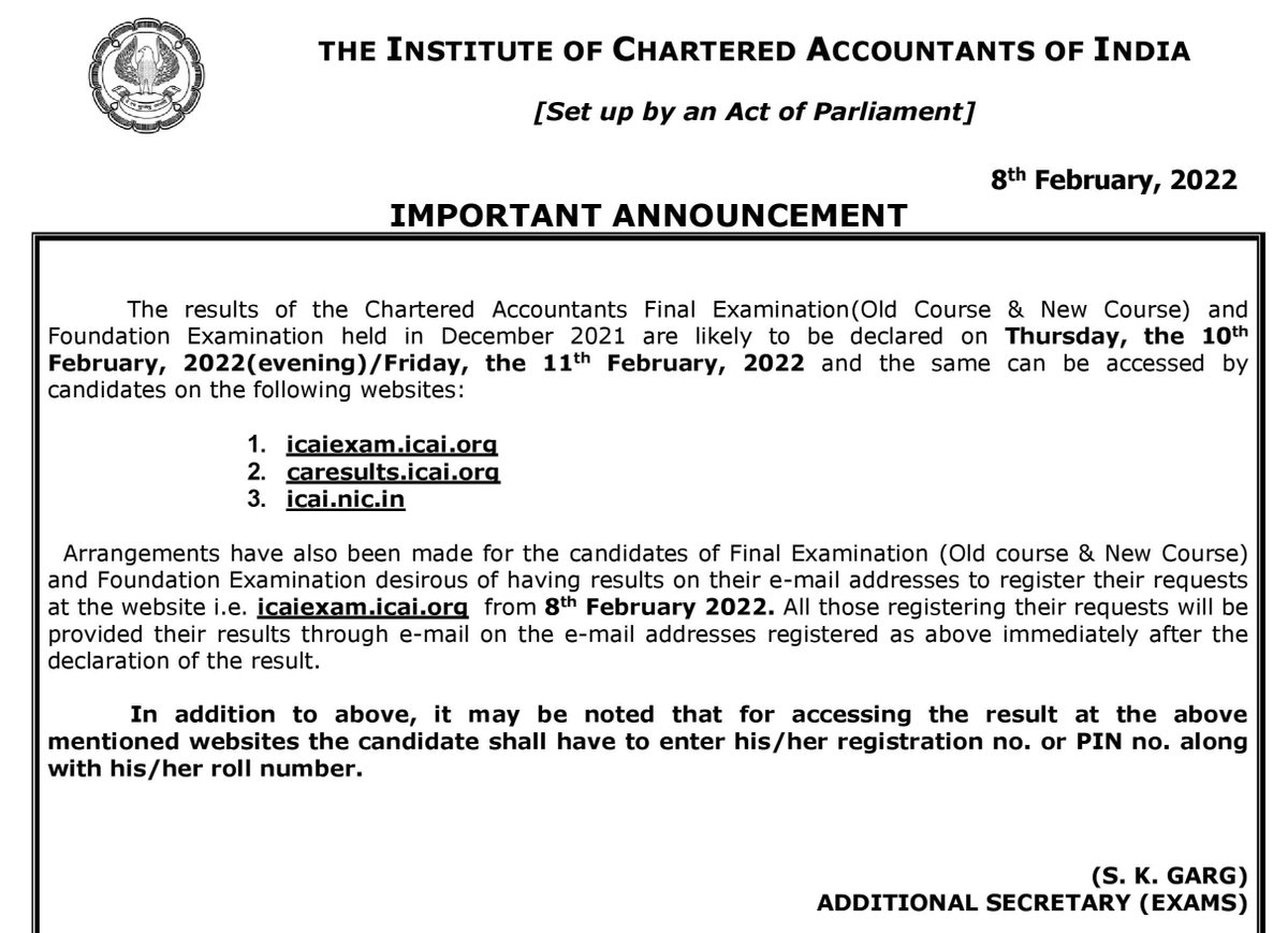 theicai's tweet photo. Important Announcement - Results of the Chartered Accountants Final Examination(Old Course &amp; New Course) &amp; Foundation Examination held in December 2021 are likely to be declared on Thursday, 10th February 2022(evening)/Friday, 11th February 2022 
Details
https://t.co/s7P2roWxwO https://t.co/PMUyebf1Ef