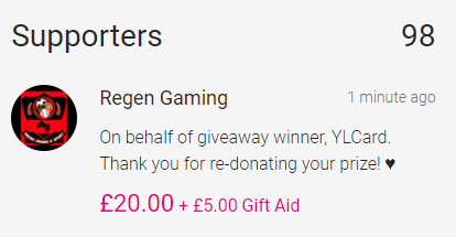 GamingRegen's tweet photo. Update: 

Most, if not all, of the giveaway winners have now been contacted and will have their prizes on their way to them very soon! 🎁

YLCard, however, has kindly re-donated his £20 voucher back to @braintumourrsch, which is incredibly kind! ♥👏

#RegenGaming #GameOn 🎮 https://t.co/7cFU7JK0Hr