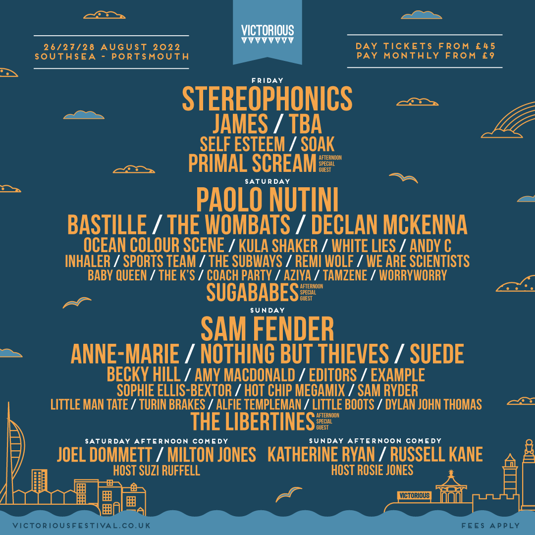 VictoriousFest's tweet photo. 🎉We’re thrilled to announce our second wave of artists for Victorious 2022 including Saturday headliner @paulonutini,Sunday headliner @samfender, @iamannemarie, @bastille, @primalscreamofficial &amp; more!💙 

Tickets on sale now from £45 a day👉https://t.co/sx8k26LQtp (fees apply) https://t.co/5hdfVtx6a5