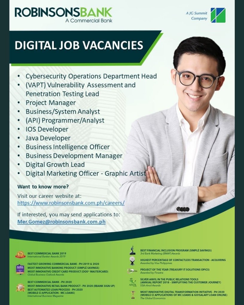 JoinJGSummit's tweet photo. Be part of the RBank family! You can start by clicking this link: https://t.co/NgaY0AXCph

#GokongweiDigitalCareers #JoinJGSummit #WeAreJGSummit #RobinsonsBankDigital #RBankDigitalCareers https://t.co/7Sr8rKEDGr