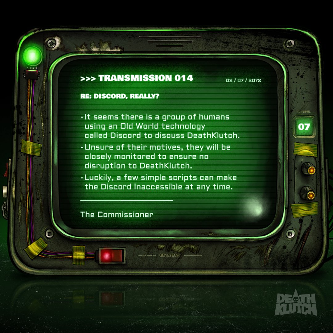 DeathKlutchNFT's tweet photo. >>> TRANSMISSION 014
https://t.co/HgLHeu0kEv
#NFT #NFTs #NFTCommunity #DeathKlutch #SmashGrabHODL https://t.co/xOuwGrwZxN