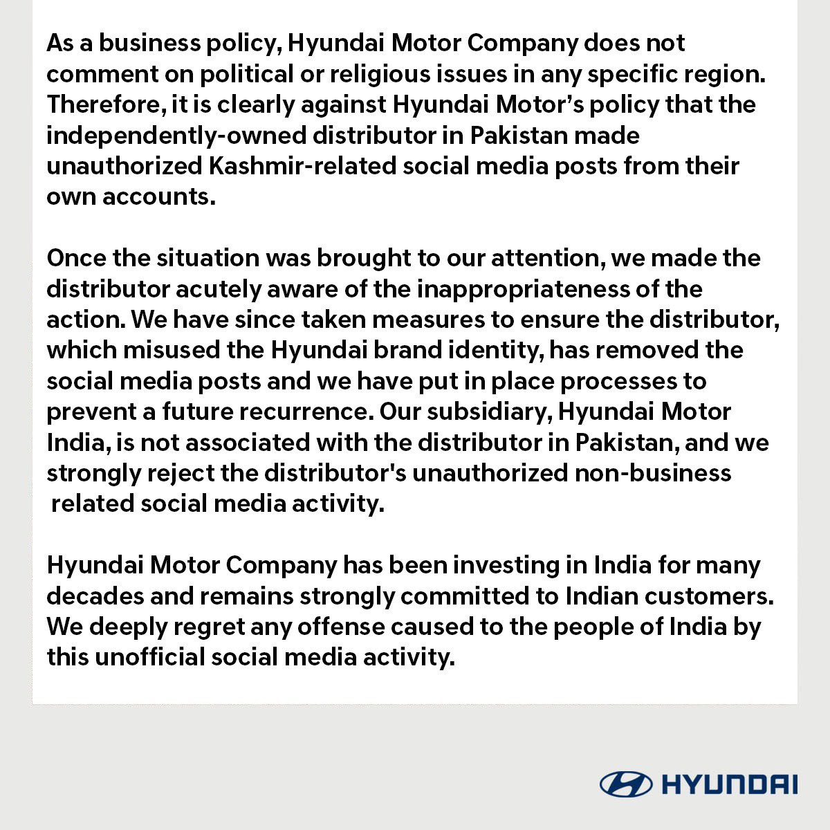 ShefVaidya's tweet photo. The difference in tone in the ‘official statement’ of @HyundaiIndia in Pic 1 and Pic 2 is the power of an united India! https://t.co/7yTh3jTtdg