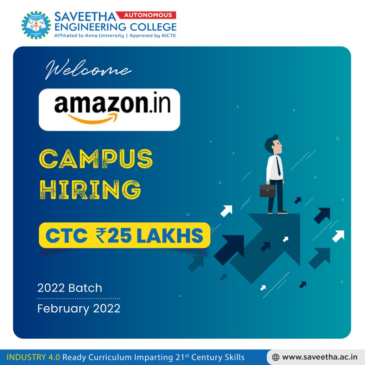 Welcome, 𝗔𝗺𝗮𝘇𝗼𝗻 for the 𝗖𝗮𝗺𝗽𝘂𝘀 𝗛𝗶𝗿𝗶𝗻𝗴 drive for the 2022 Batch. Best wishes to students who registered for this exclusive hiring event.
𝗩𝗶𝘀𝗶𝘁 𝘂𝘀: saveetha.ac.in
#amazon #amazoncareer #AmazonJobs #placements #placements2022 #campushiring