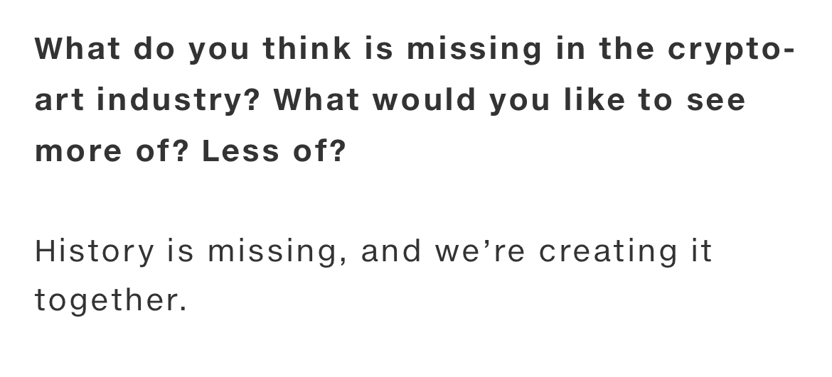 What do you think is missing in the crypto space?
History is missing, and we’re creating it together. <a href="/muratpak/">Pak</a> <a href="/artnet/">Artnet</a>