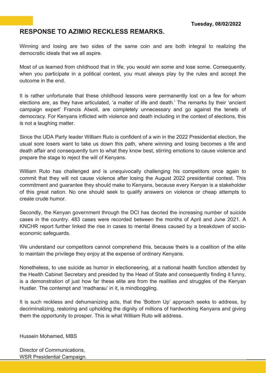 Statement: Response to Azimio reckless remarks:

“…to use suicide as humor in electioneering, at a national health function attended by the Health Cabinet Secretary and presided by the Head of State…