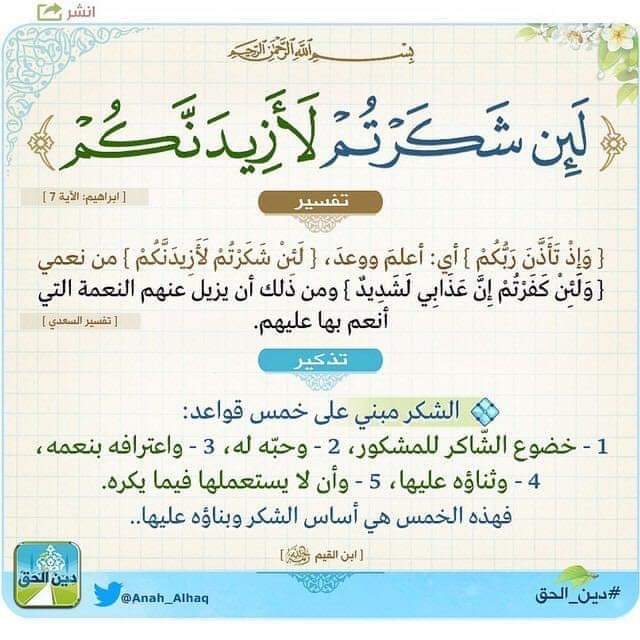 Five criteria of thanking Allah
(1) to be humble before Him
(2) to love Him
(3) to acknowledge His blessing 
(4) to praise Him for that
(5) to use it properly (not to misuse)
