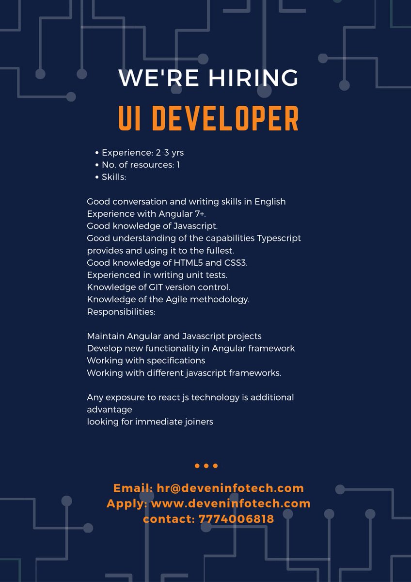 DevenInfoTech's tweet photo. Looking for immediate joiners! 
... 
#deveninfotech #hiring2022 #jobopportunities #careergrowth #itcompany #punecity #itstartup  #angular7 #javascript #js #HTML5 #CSS3 #UnitTest #github #agilemethodology #angularframework #ReactJS https://t.co/A90yOJxYPE