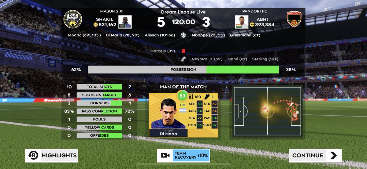 MasumBhaiyaa's tweet photo. Watch the time of scoring goals of mine team. Backward by 3-0 to winning the game by 5-0 is really thrilling. #DLS live is really awosome to play
#dls #dls22 #DLS22 #dreamleaguesoccer #firsttouchgames https://t.co/44Nyr4BMoq