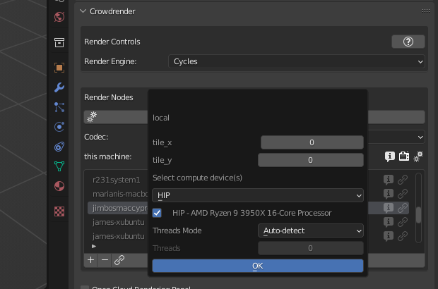 JamesHCrowther's tweet photo. Just managed to get @AMD's HIP device for #b3d #cycles working on one of our workstations here :D Though its in CPU mode.

So yay, support for #AMD #GPU #rendering is coming to #crowdrender. 

Which is nice https://t.co/3VvprYPrWm