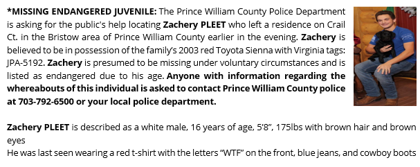 PWCPolice's tweet photo. *MISSING #ENDANGERED JUVENILE: #Bristow | Zachery PLEET, age 16, white male, 5’8”, 175Lbs, brown hair &amp; eyes. Last seen on Feb. 7 at approx. 9:45pm. Call police if you have seen this #MissingPerson. More info; https://t.co/FinkGKF5T5