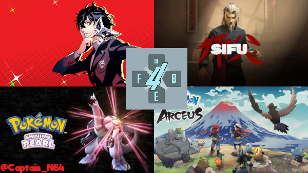 Captain_N64's tweet photo. I'm probably setting myself up for disaster here but here are the 4 games I'm going to play for #4iF. Wish me luck.
#Persona5Royal #SifuGame #PokemonShiningPearl #PokemonLegendsArceus https://t.co/NL8UoBMneN