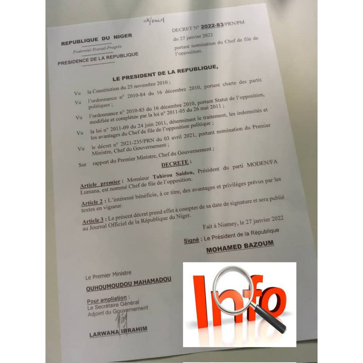 Infointox277's tweet photo. #Info/#Niger : Le Président de du parti Moden FA/Lumana, Mr Tahirou Saidou est nommé chef de file de l'opposition par décret du Président de la République SEM @mohamedbazoum. Pour rappel l'ancien PM Hama Amadou était le Président de lumana et chef de file de l'opposition. https://t.co/Q3nHLAzb7w
