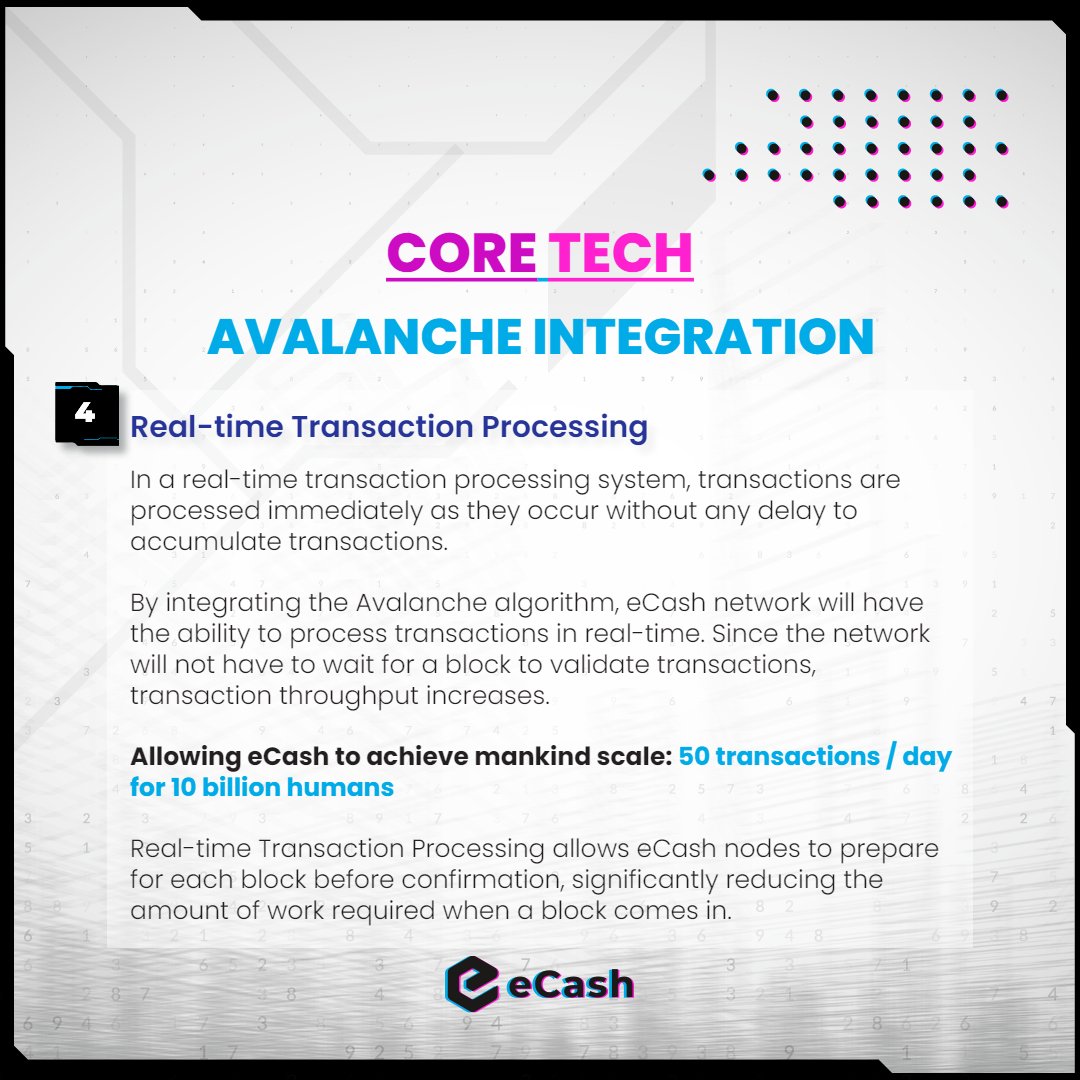 eCash's tweet photo. eCash #CoreTech Series - Avalanche Integration Advantages 🔥

4️⃣ Real-time Transaction Processing: Avalanche integration will allow eCash to process transactions in real-time. This will enable eCash to achieve mankind scale: 50 transactions / day for 10 billion humans. 🎯

#XEC https://t.co/t2VHSFB8mC