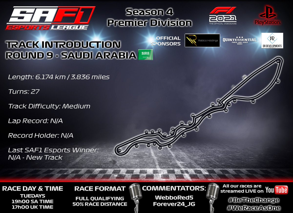 SAF1Esports's tweet photo. 🚥RACE DAY🚥 Season 4/Round 9

Another 1st for SAF1 Esports as we head to Saudi Arabia, we go racing at the long, fast and flowing street circuit of Jeddah. 

Our commentator @WebboRed5 will bring you all the action LIVE.

Who will be the King of Saudi?

Tune In Tonight 😎🏁 https://t.co/fZVG4p98cj