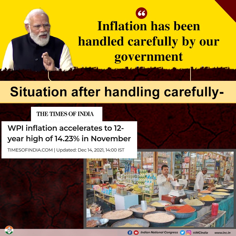 INCIndia's tweet photo. WPI inflation reached a 14-year high in 2021- is this how the Modi govt handled inflation carefully?

#ModiInsultsPMpost https://t.co/gf9LNNrdBQ