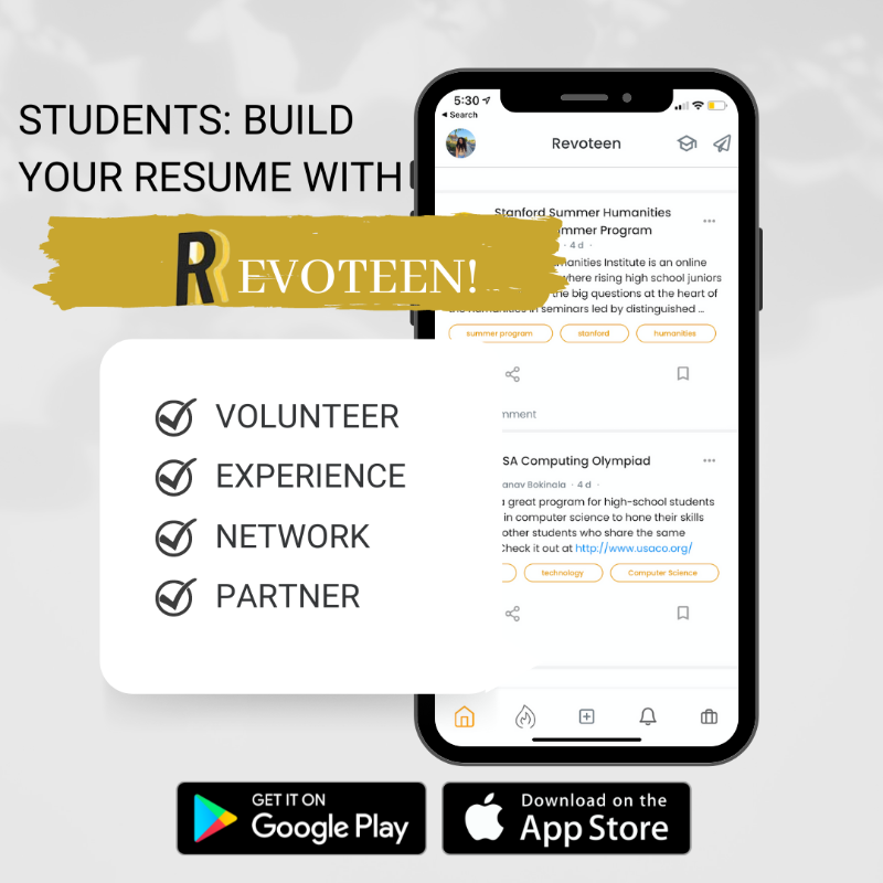 revoteen's tweet photo. STUDENTS: Download Revoteen today to connect with thousands of like-minded students, discover hundreds of opportunities, and explore your passions!