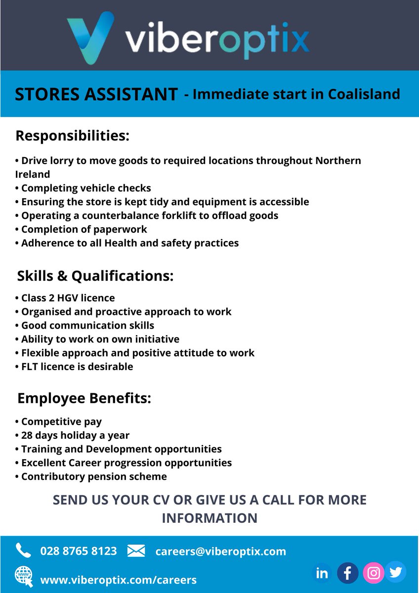We're on the lookout for a new Stores Assistant 👀

💥 Flexible working
💥 Competitive rate of pay
💥 Contributory pension scheme

Send us your CV or apply online:

📧 careers@viberoptix.com
☎️ 028 8765 8123
🔗 viberoptix.com/careers