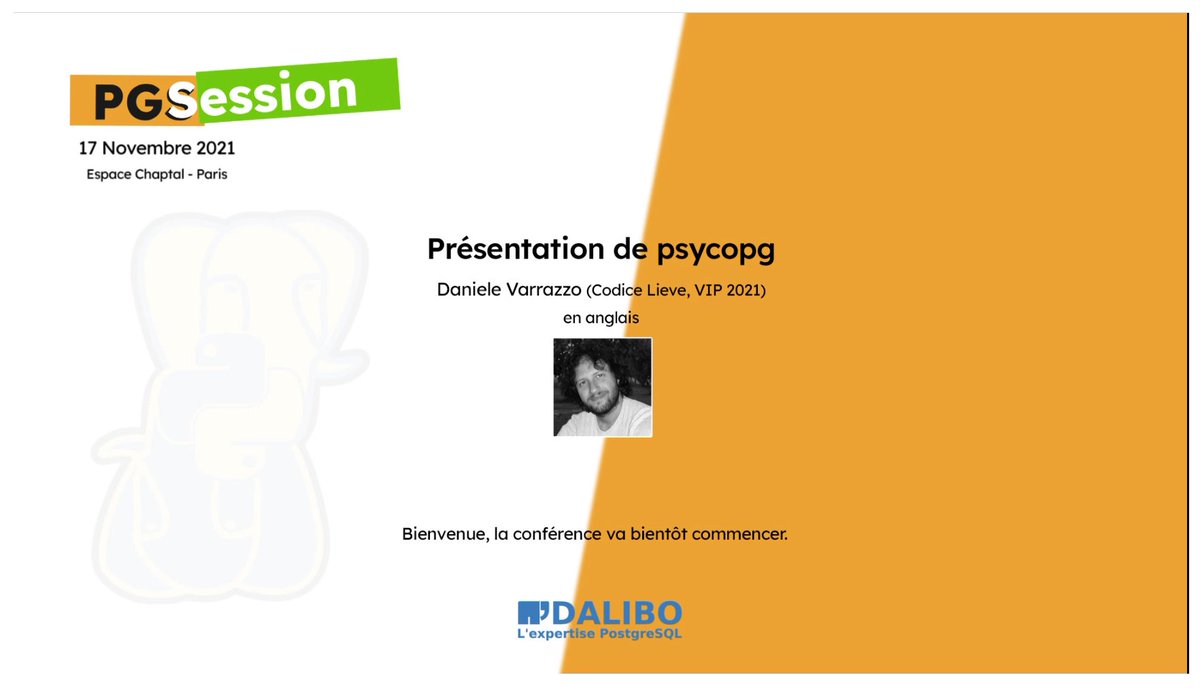 Voici enfin la #conférence sur #psycopg, animée par la créateur de cet outil, le #développeur @dvarrazzo. Thanks again Daniele for your contribution 🐘 ! => dali.bo/202202_psycopg #Python #PostgreSQL #opensource #DBA #pgsession14
