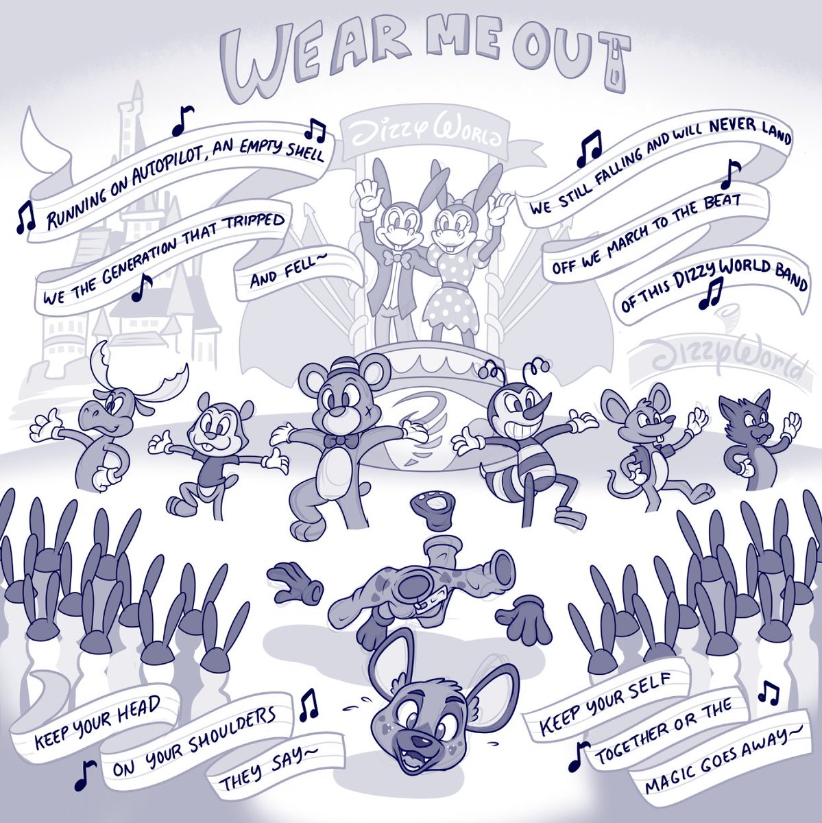 Finished up this concept for my Wear Me Out comic, as it's about an "enchanted" millennial worker at a Disneyesque theme park, I wanted to break it down as if it was a Disney Renaissance musical with the opening being a parade that mirrors an opening number #TFTuesday #TFEveryday