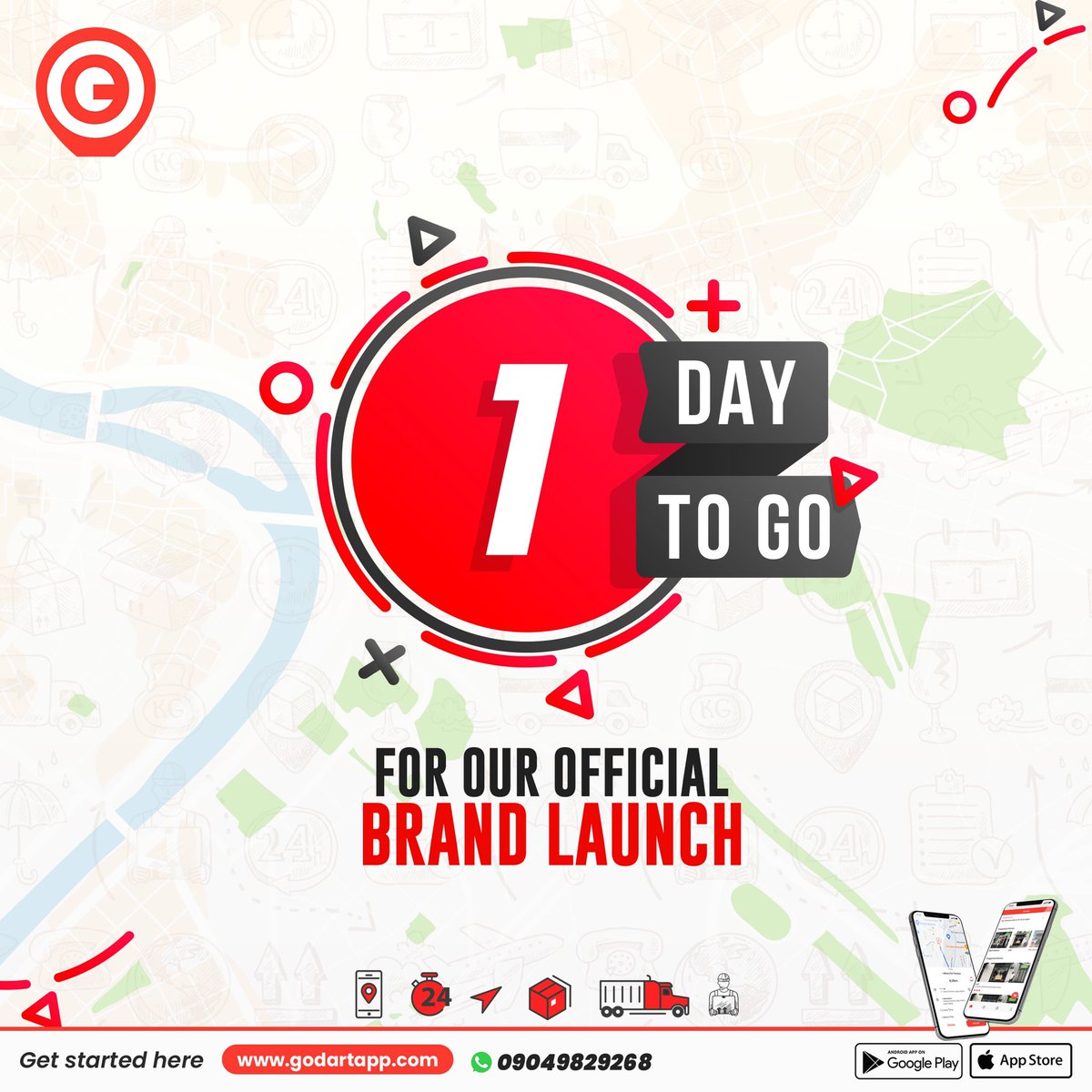 godartapp's tweet photo. Itβs officially 24hours only to our official brand launch! ππ
Are you excited? Because we definitely are!
Save the date, 09/02/2022. GoDart is coming!
#2DaysToGo #GoDartApp #CountDownToLaunch #LogisticsHailingApp https://t.co/jgLTYeLDHm