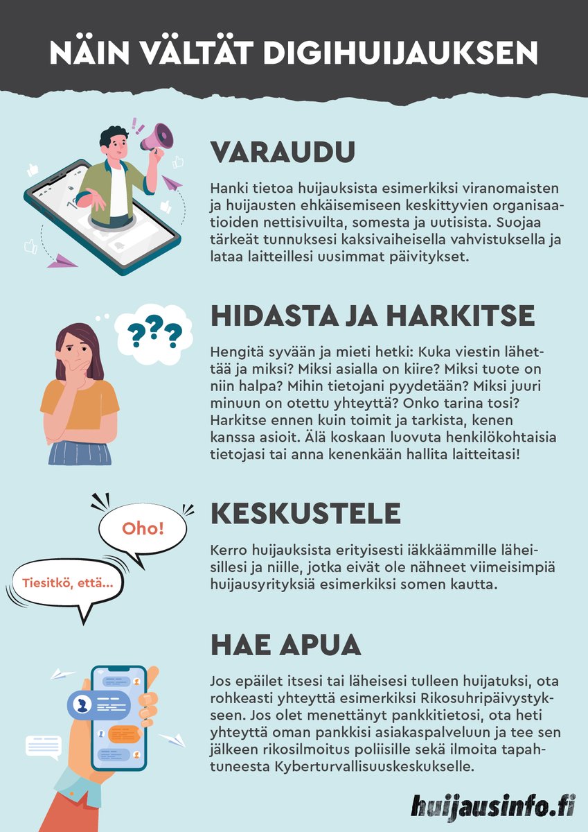 Kuluttajaliitto's tweet photo. 📲 #Digihuijaus​ten sisältö vaihtelee, mutta niiden peruskaava on yleensä sama: arvovaltainen hahmo lähettää tunteisiin vetoavan viestin, joka sopivassa tilanteessa voi saada haksahtamaan huijaukseen. 

👉 Harkitse ennen kuin toimit ja pyydä rohkeasti apua! #mediataitoviikko https://t.co/C9fNoDZhBt