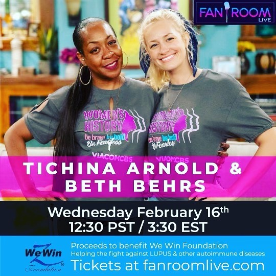 DrPostALotHere's tweet photo. Join @TichinaArnold &amp; @BethBehrs for a fun meet &amp; greet AND great conversation at @fanroomlive on WED FEB 16th - 12:30 west /3:30 east pm!

People who suffer with #Lupus need OUR help. Let’s help them!!

Follow 
@TichinaZenay
@WEWINFoundation
@CedEntertainer https://t.co/7nKaWXra8J