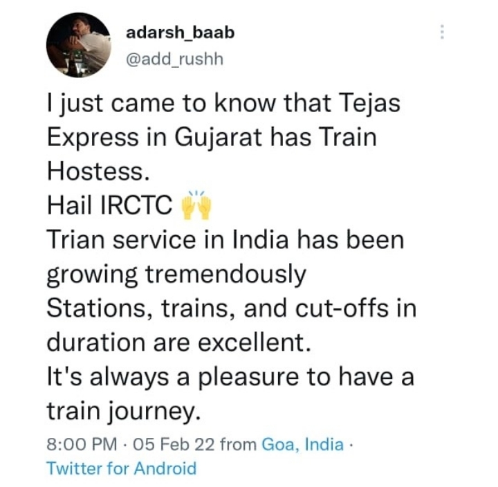 IRCTCofficial's tweet photo. We at #TejasExpress always aspire to make our passenger's travel experience most comfortable. Here are a few passenger feedbacks on Tejas Express services.
#TejasExpress #GoTejasGo https://t.co/kraEzIxS4g