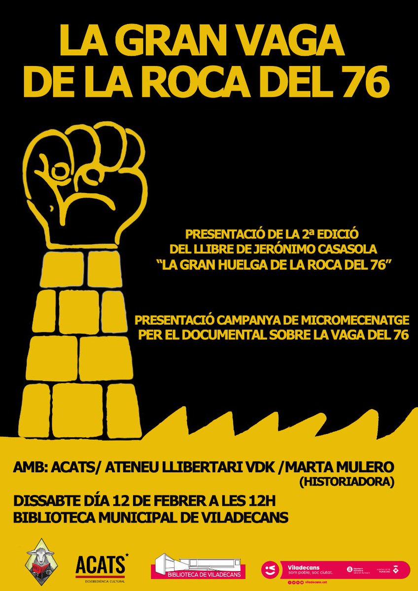 AteneuVdk's tweet photo. Este sábado, en la biblio de #Viladecans, presentamos el libro que Jerónimo Casasola escribió sobre #LaHuelgaDeRocaEnLaMemoria y que se ofrece como recompensa en la campaña de financiación que estamos llevando a cabo con @goteofunding 
👇👇👇👇👇👇👇👇👇👇
https://t.co/83gO7ZMaNt https://t.co/YX7SRytoIl