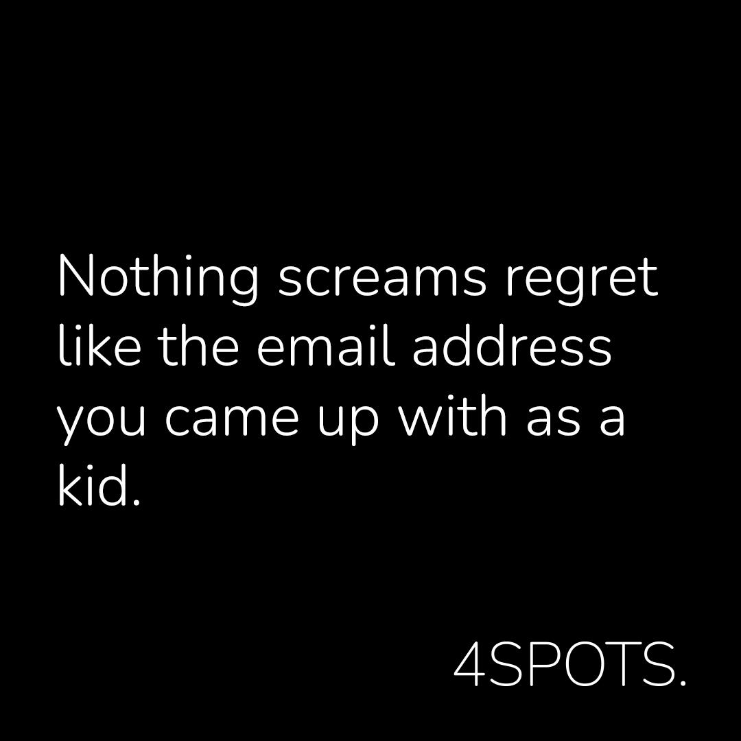 4SPOTS's tweet photo. Do you remember what your first email address was as a kid? Was it a yahoo email address or a hotmail or something else? Are you still using the same email address that you created as a kid?

#4SPOTS #DigitalAgency #AgencyLife #FirstEmailAddress https://t.co/sEFebs4SDz