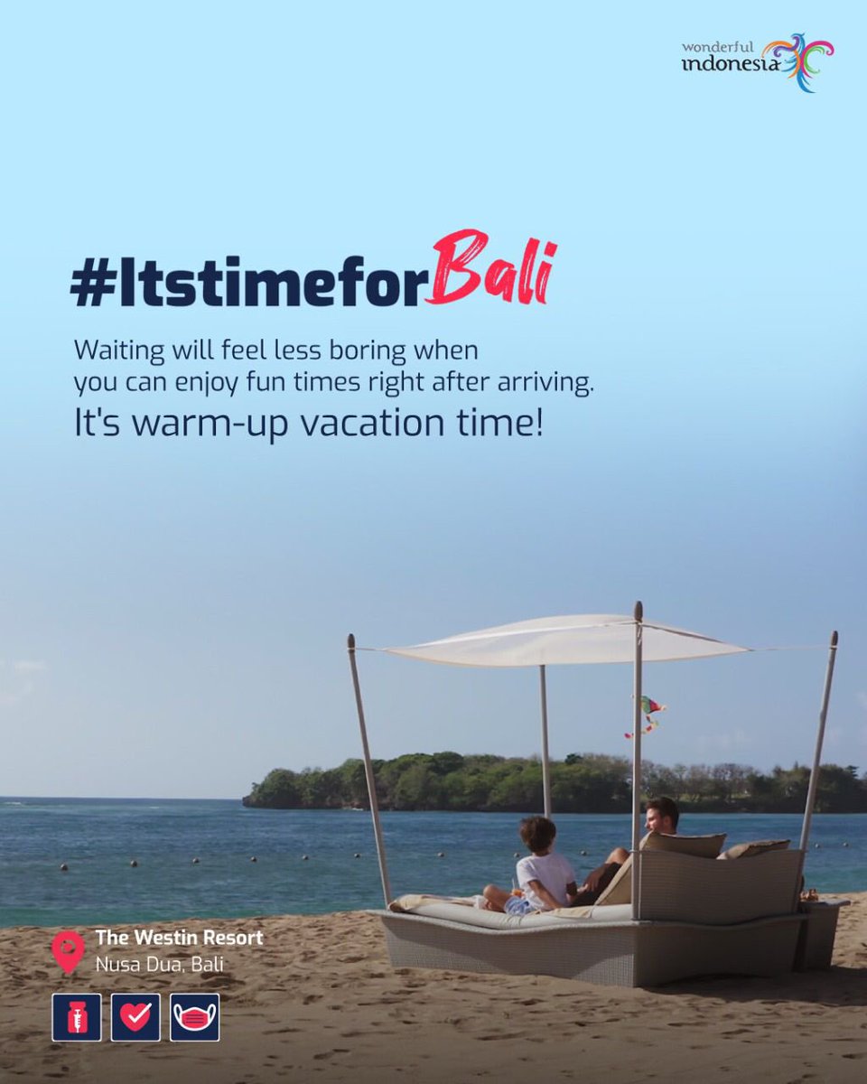 Warm-up Vacation
Have yourself and your loved ones a recharging warm-up vacation in the safe and serene beachfront sanctuary of Nusa Dua. Enjoy a relaxing moment with precise fulfillment of Marriott Commitment to Clean.

reservation.00035@westin.com
62 361 771906

#ItsTimeForBali