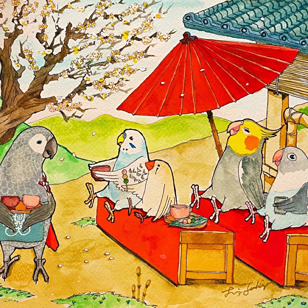 「3月のカレンダーの虹の橋の峠の茶屋のイラストのメイキングです。水色の消えるシャー」|Liz青いことり工房のイラスト