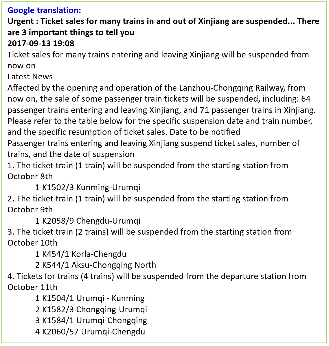 ErkinSidick's tweet photo. My info says that in Jan-Oct 2017 #CCPrulers arrested 800,000+ Uyghurs. I read many Chinese news reports in Sep 2017 that many passenger trains from Urumchi to other parts of China stop selling tickets starting Oct 2017. Hidden reason: Those &amp; many freight trains were used to 1/ https://t.co/zyUZ3meTcD