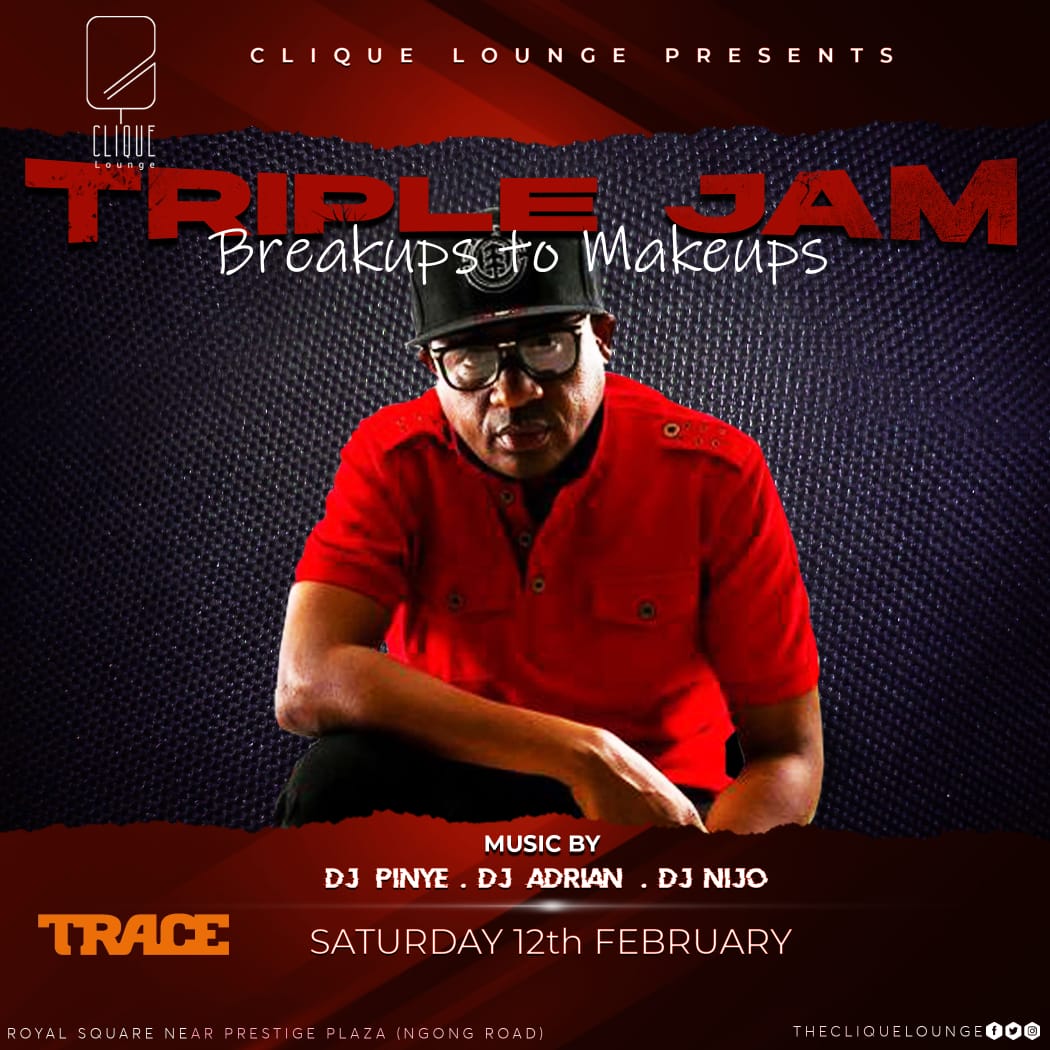 TraceEastAfrica's tweet photo. Single and ready to mingle? Engaged and on the edge of marriage?
This Saturday, it doesn't matter what your situation is coz the #TripleJam is just for you!
#LetsClique at @thecliquelounge with @Djpinye @DeejayADRIAN and @NijoDj
#BreakUpsToMakeUps https://t.co/oWMwBXiQe4