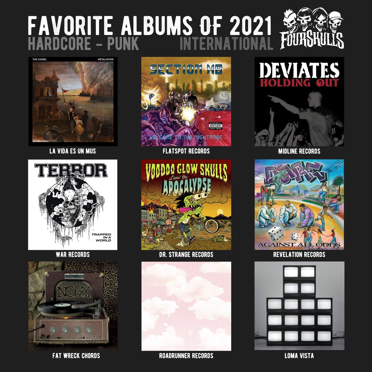 Four_Skulls's tweet image. After the albums released here, it&apos;s time to share our favorite international albums. We started with #punk and #hardcore with the records of #thechisel, @SectionH8, @deviatesband, @terrorhardcore, #VoodooGlowSkulls, #dare, @NOFXband, @TURNSTILEHC and @riseagainst