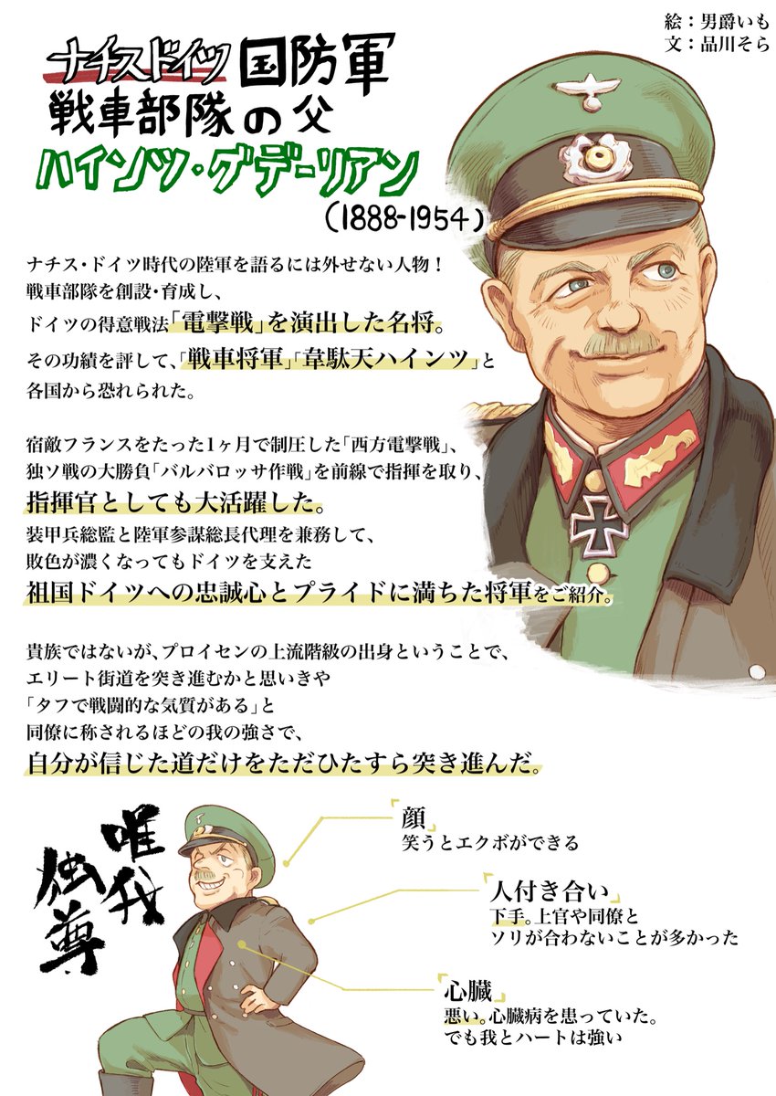 第三帝国人物紹介シリーズ第4弾
戦車オ(↑)ヤジことグデーリアン将軍のご紹介です。
今回も品川そらさん(@sora_oshi333)に文章を書いて頂きました!
ありがとうございます! 