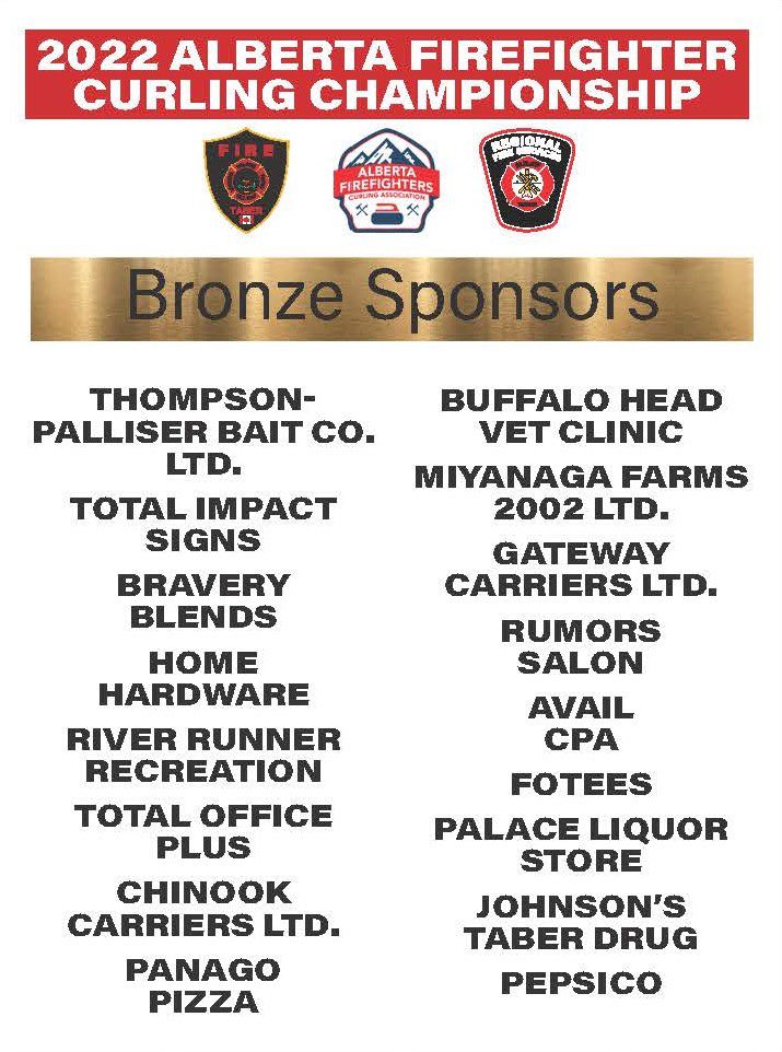 AFFCA1's tweet photo. The Alberta Firefighter Curling Association, Taber Fire Dept and MD of Taber Fire Dept would like to thank all of our Silver and Bronze Sponsors at this years event in Taber!!!

Thank You For your Support!!! https://t.co/VQovbJBclh