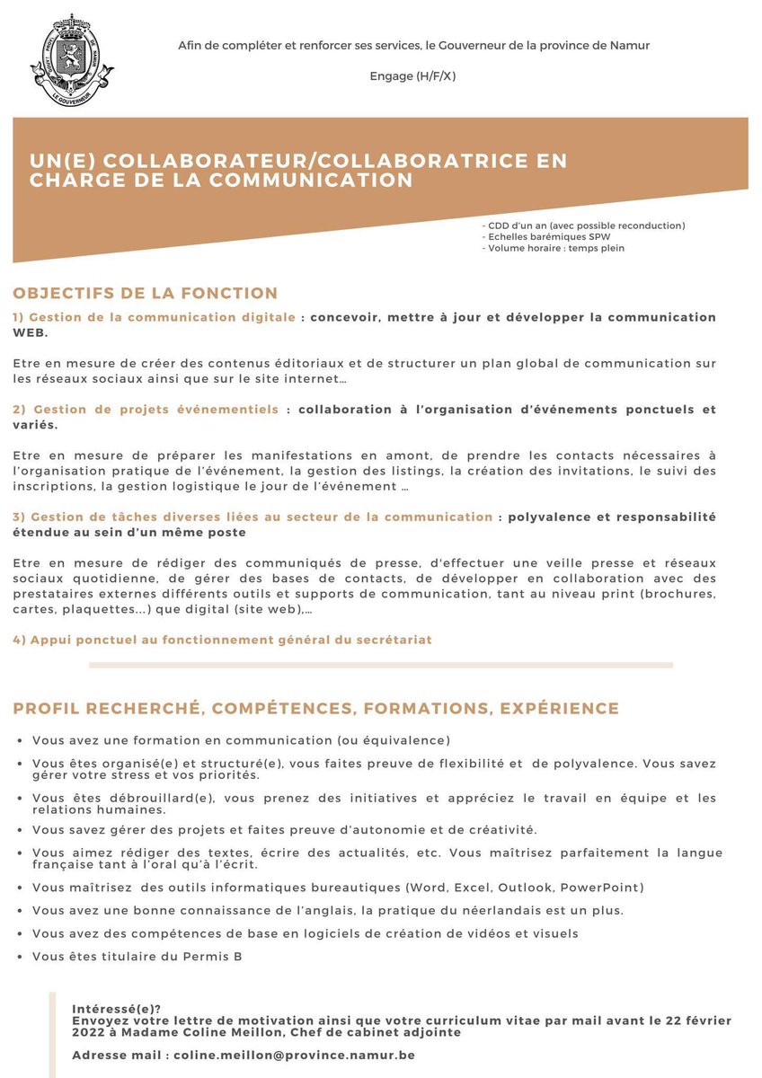 UpmcB's tweet photo. [#Job] le Cabinet du Gouverneur de la province de Namur, à la recherche d'un nouveau collaborateur (H/F/X) en communication. Toutes les infos 👇👇👇 https://t.co/4Pf2Z7msZl