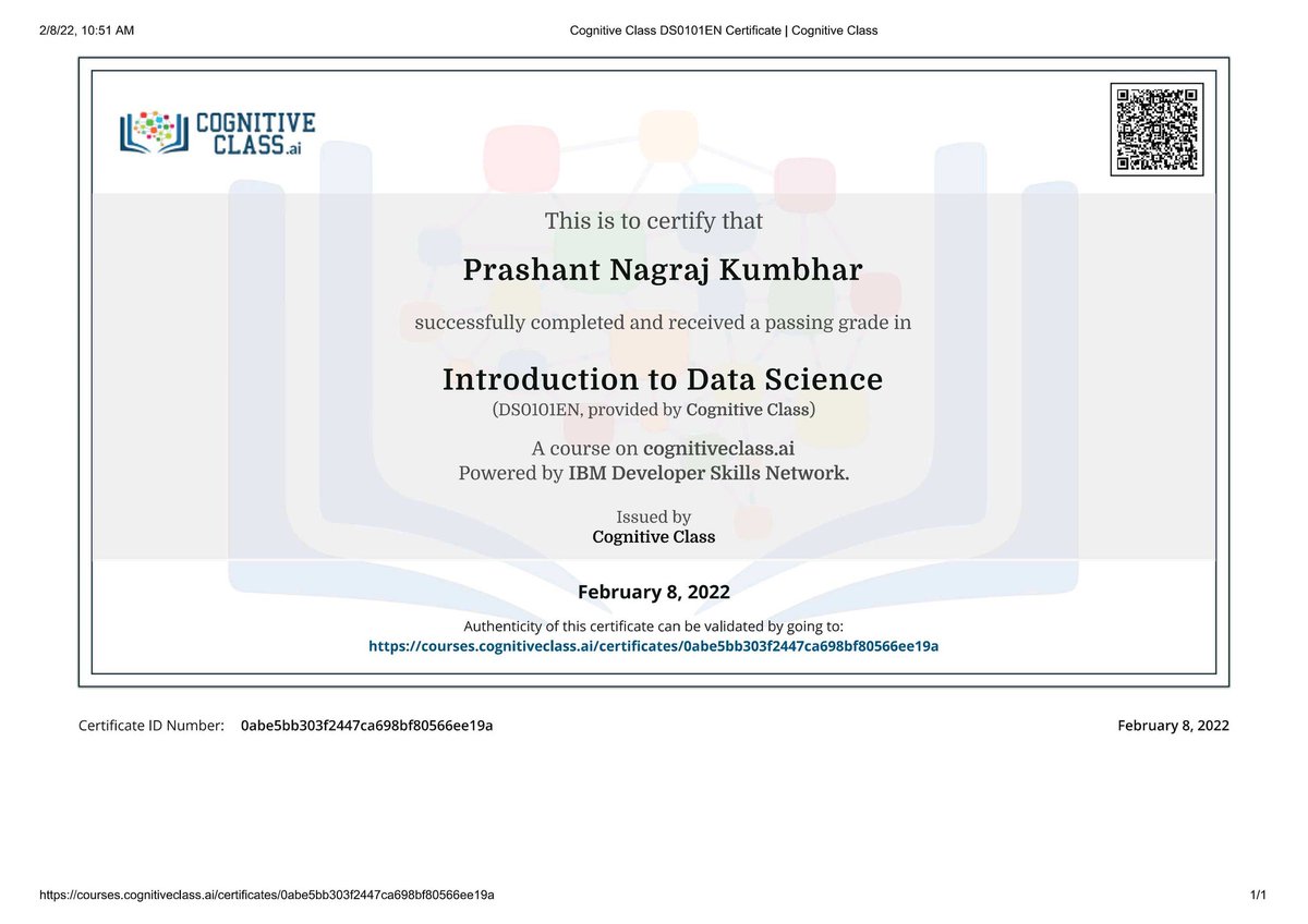 Prashant_K_2002's tweet photo. Hello everyone,
I am very glad to share this course completion certificate of Data Science Foundation provided by @CognitiveClass and @IBM.
#DataScience
#ibm
#cognitiveclass https://t.co/zfrZjXfxpF