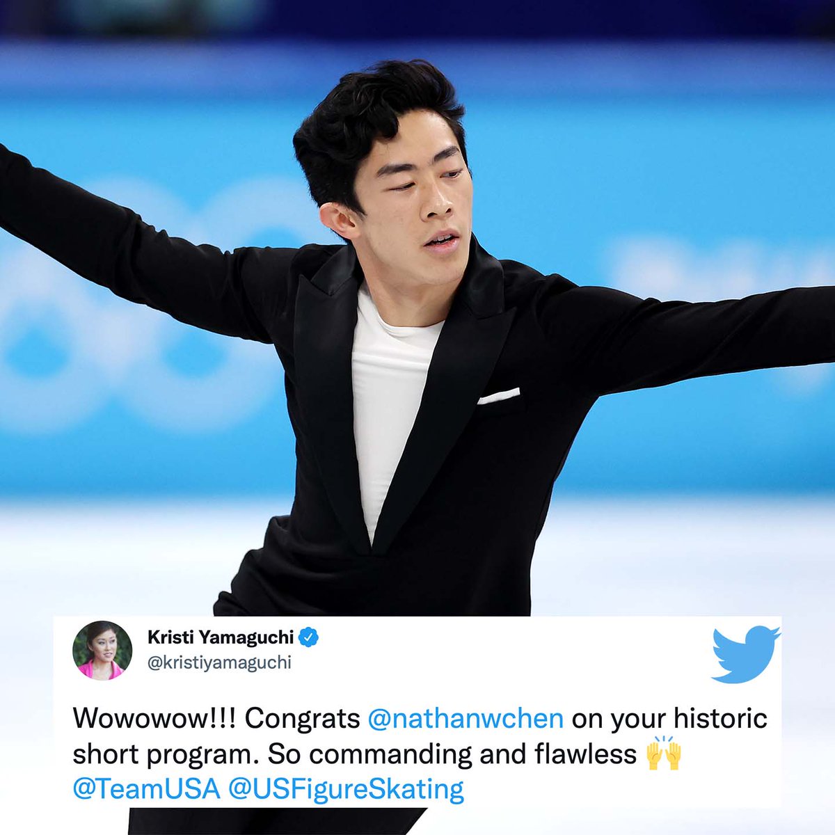 NBCOlympics's tweet photo. Wow is right! Olympic gold medalist @kristiyamaguchi congratulates @nathanwchen on a historic performance. #winterolympics https://t.co/BUpGLYOWhv