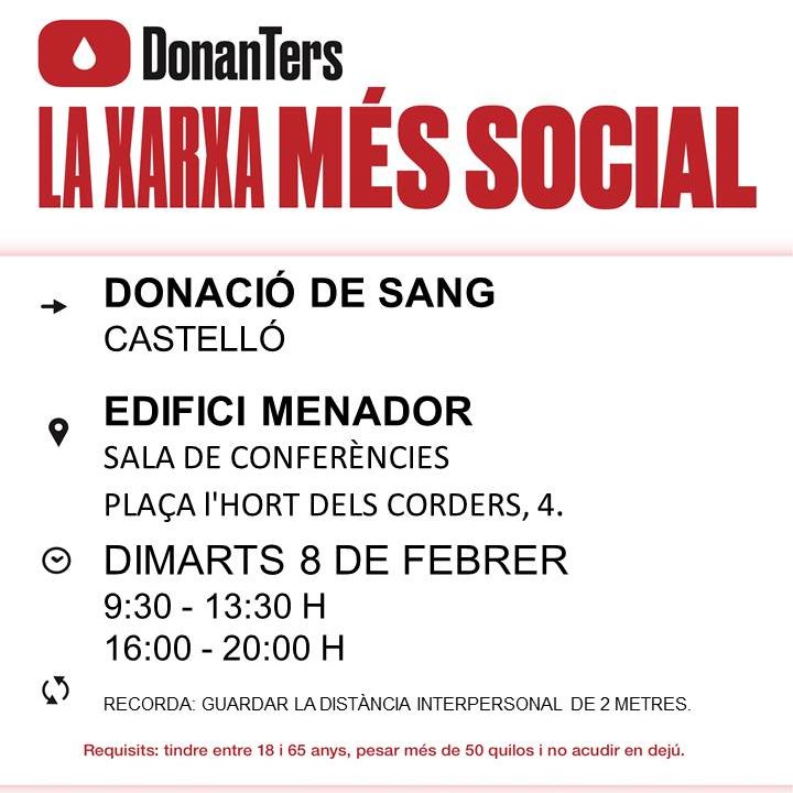 GVAdonasang's tweet photo. Donació de sang #Castelló
📅 Dimarts #8febrer
👉Persones #solidàries com tu fan possible que molts malalts recuperen la salut.
#DonaSang #FesteDonanter https://t.co/mlDl2zb0RP