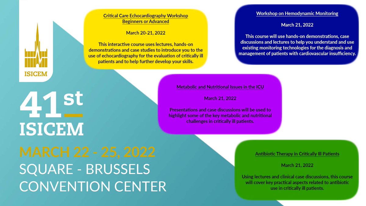 #ISICEM22 is getting close! Why not sign up for one or more of the 4 pre-courses to be held immediately prior to the symposium to improve your knowledge in a specific area? Register now as places are limited! For more👉bit.ly/3sjHG8e #Criticalcare #MedEd #FOAMecho