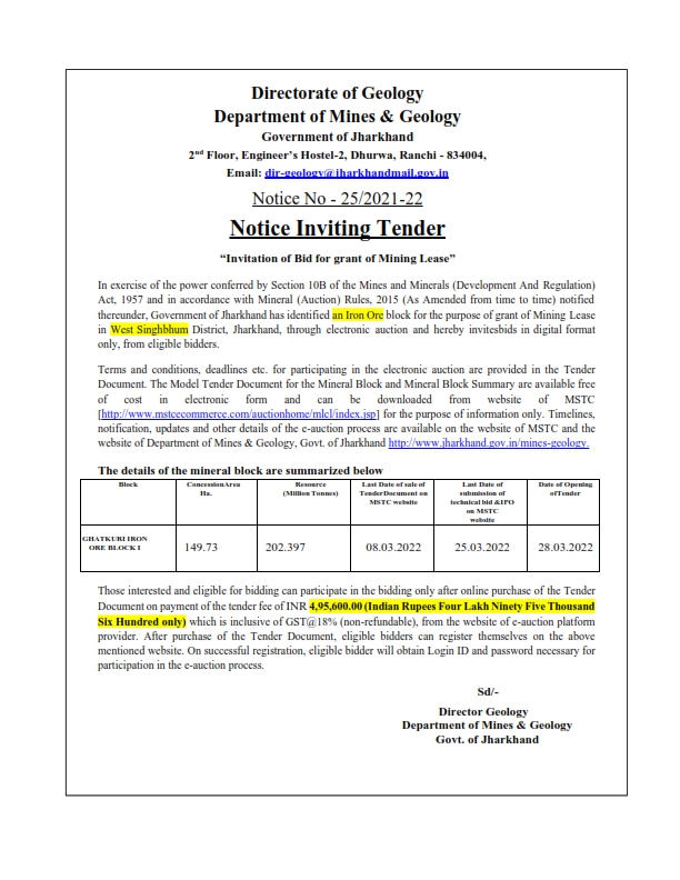 GeorocksC's tweet photo. Govt of Jharkhand has published NIT for the auction of Ghatkuri I and Ghatkuri II iron ore mines located in West Singhbhum districts having Geological Resources of total ~275 million tonnes. 
#mining #mineralexploration #mineralblockauction #ironore #jharkhand #india https://t.co/pN5Od01PqT