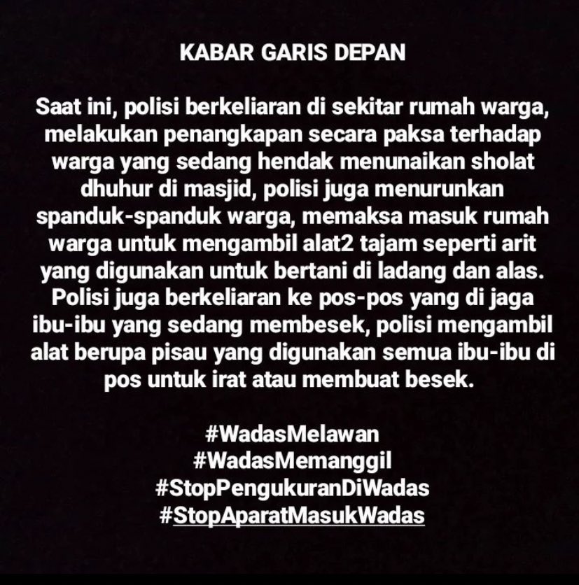 KABAR GARIS DEPAN

Menangkan kami ya Allah.

 #WadasMelawan
#StopPengukuranDiWadas
#StopAparatMasukKeWadas