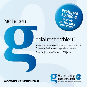 Preisverdächtiger #Lokaljournalismus?
Die Ausschreibung für den Gutenberg-#Recherchepreis für #U35 beginnt und wird erneut bundesweit für den journalistischen Nachwuchs ausgelobt. Einsendeschluss 16.05.2022. <a href="/gutenbergpreis/">Gutenberg-Recherchepreis für Jungjournalisten</a> #Jungjournalisten
bit.ly/3GMKnod