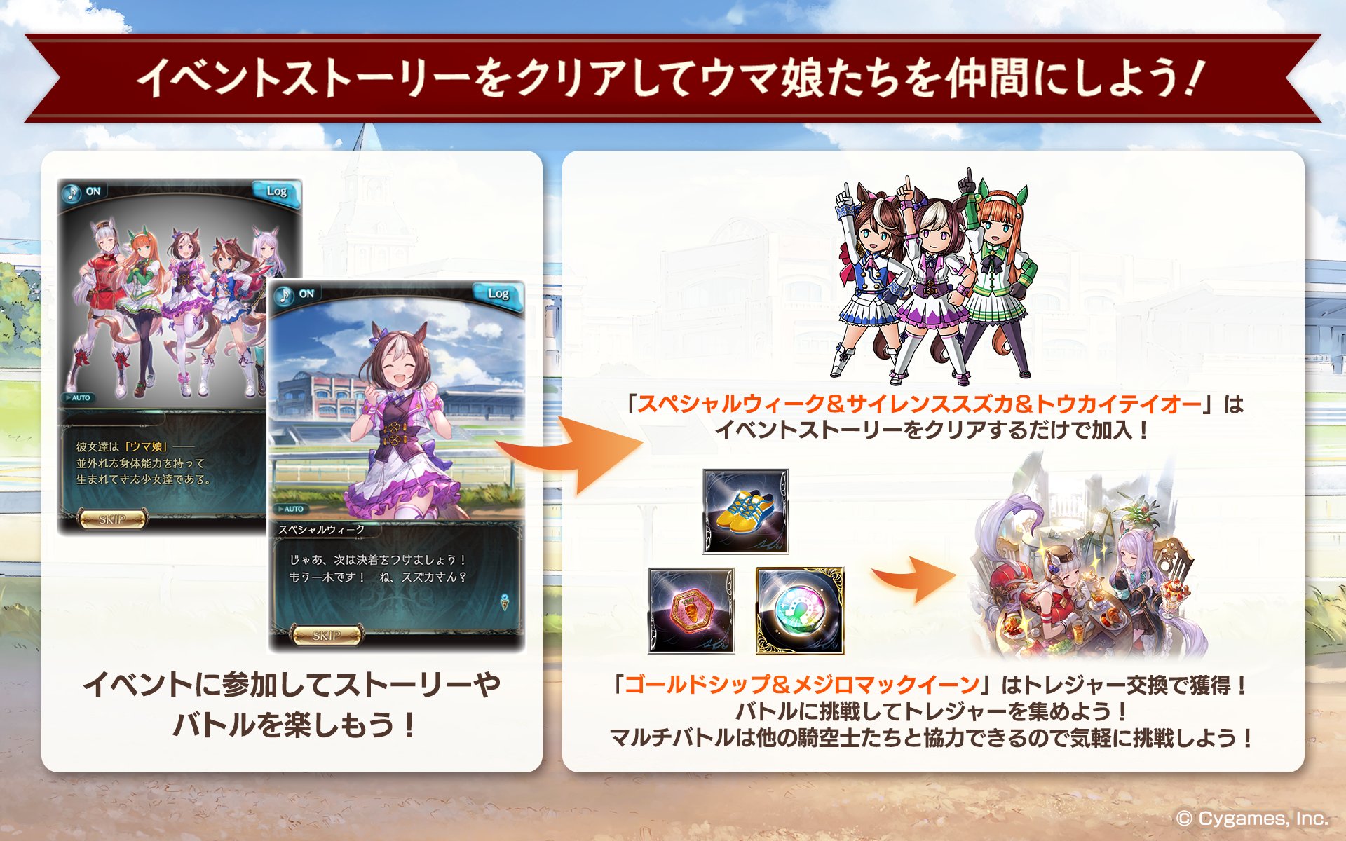 グランブルーファンタジー グランブルーファンタジー コラボイベント ウマ娘 プリティーダービー 蒼空に響くファンファーレ 開催 イベントをクリアしてウマ娘たちを仲間にしよう マルチバトルは他の騎空士たちと協力が可能 気軽にチャレンジして