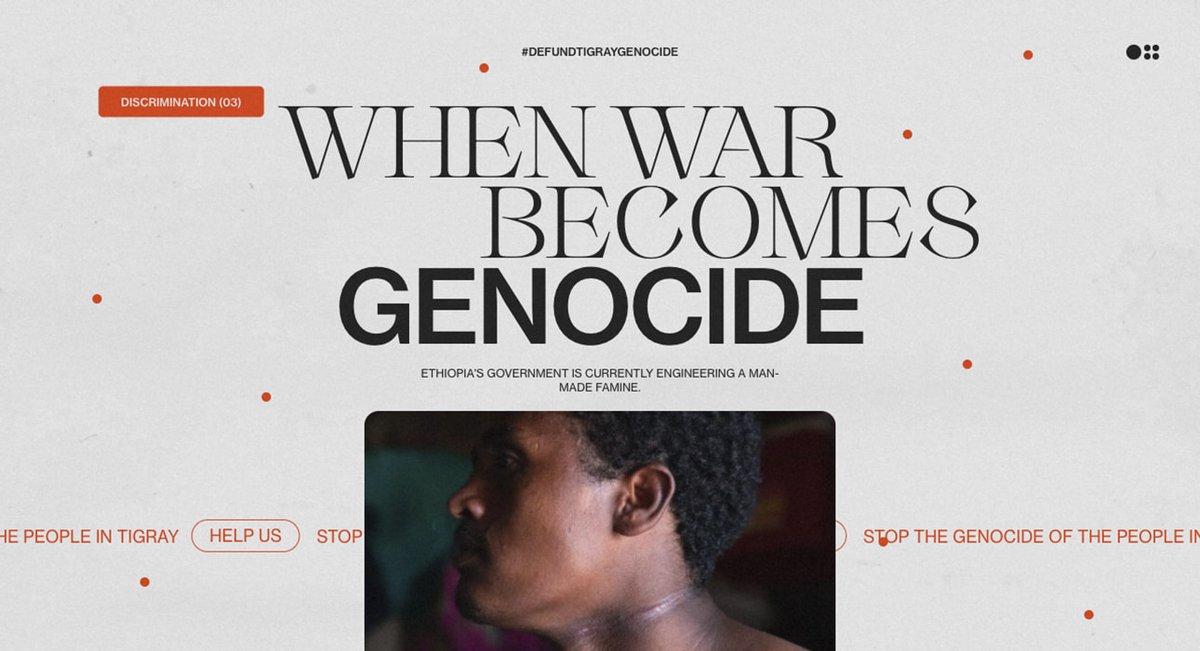awwwards's tweet photo. Defund Tigray Genocide by @vanholtzco &amp; @rolfajensen (US) wins #SOTD &amp; #DEVAWARD

There is a civil war happening in northern Ethiopia, with the government targeting the Tigray region.

↳ https://t.co/HmXJB8xH9G #Animation #Javascript https://t.co/fFgMrntOpl