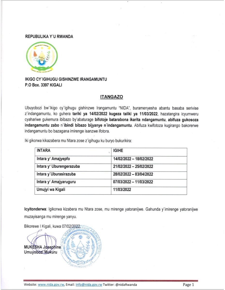 Kumenyesha: tariki ya 14/02 kugeza 11/03/2022, hateganijwe Icyumweru cyahariwe #indangamuntu.