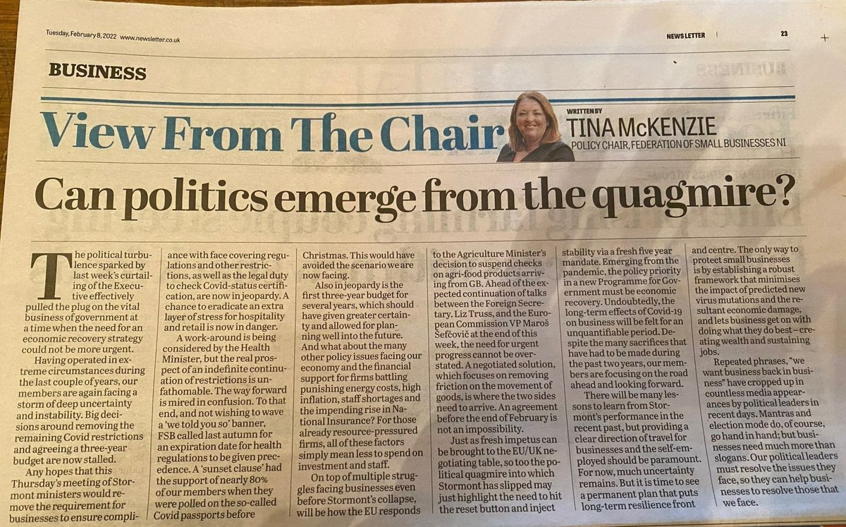 FSB_NI's tweet photo. Writing in today's News Letter,  FSB's Tina McKenzie reflects on the need to hit the reset button and inject stability as political turbulence hits #Stormont again. https://t.co/jsO77lmtyX