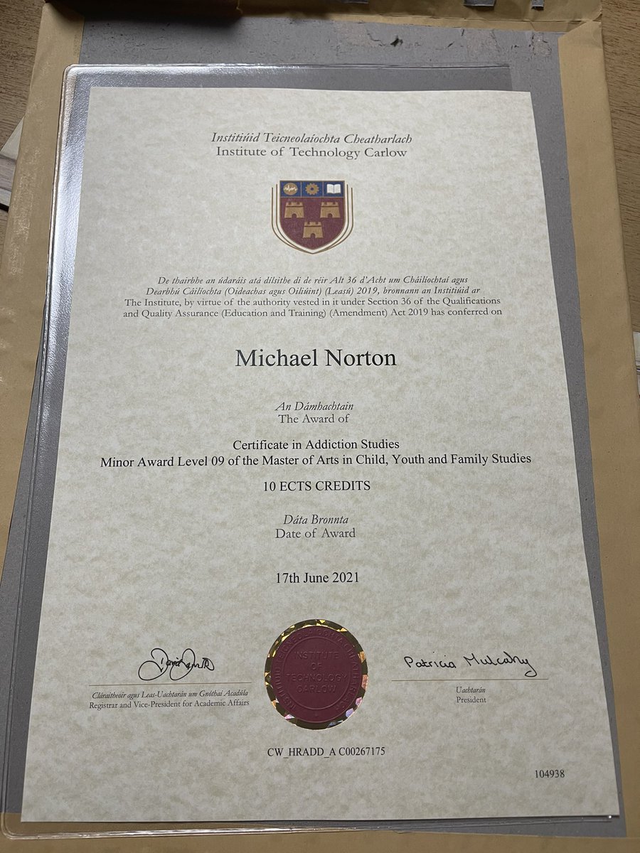 MichaelJohnNor1's tweet photo. Another certificate for the wall. This time in the area of #addiction Thanks to @itcarlow #lifelonglearning for such an interesting and informative course. #studybunny https://t.co/6t12b2uvaJ